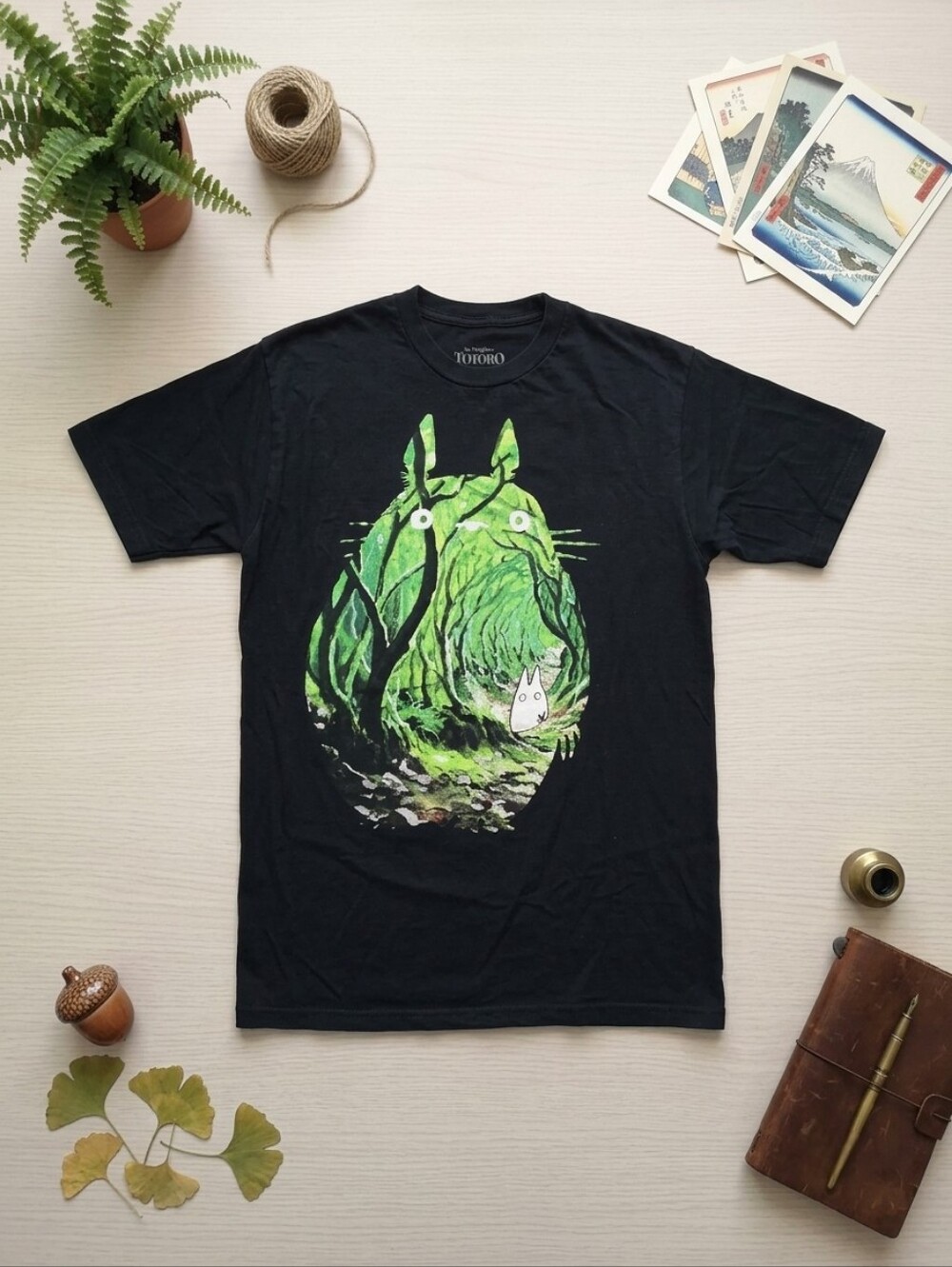 Bioworld Y2k Adult Medium Neighbor Totoro Black And Green Forest Fill Anime Tee